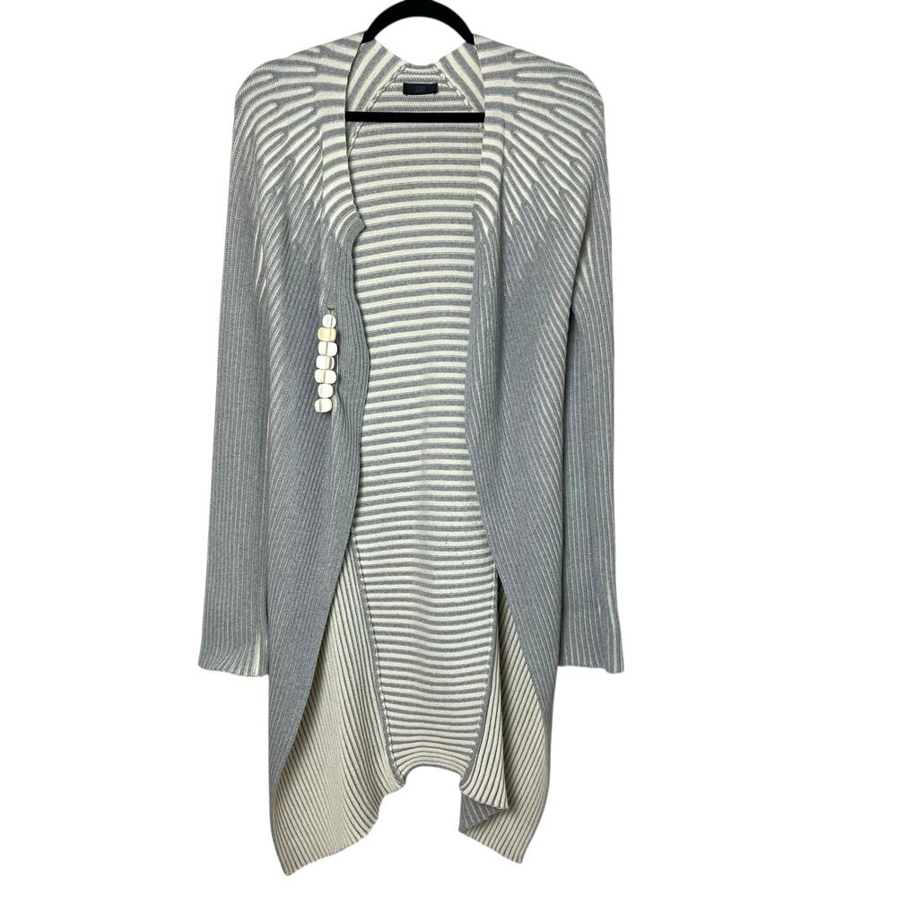 Crea Concept Merino Wool Long Open Cardigan Sweater Gray Cream Size Small